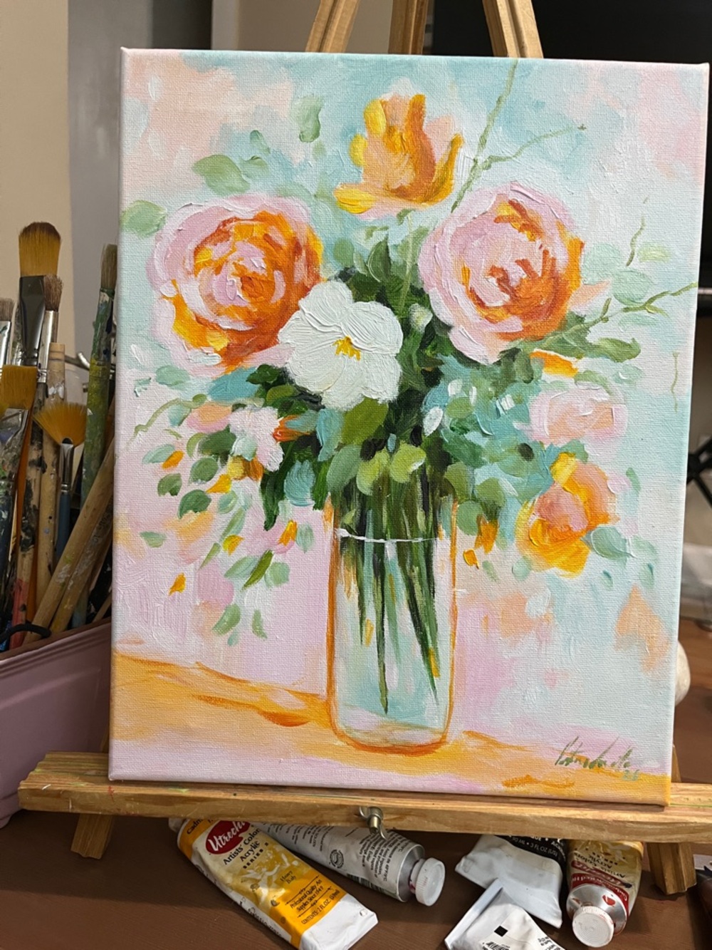 Floral Bouquet Painting with Vase - Peach & White Roses
